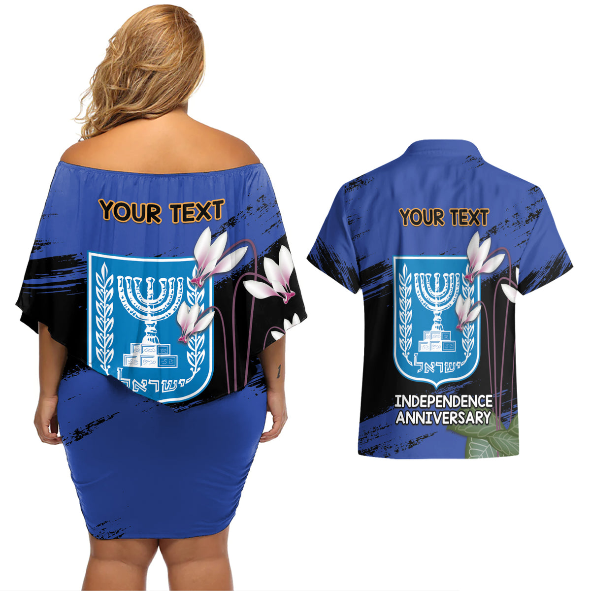 Personalised Israel Independence Day Couples Matching Off Shoulder Short Dress and Hawaiian Shirt Menorah With Cyclamen Persicum Grunge - Wonder Print Shop