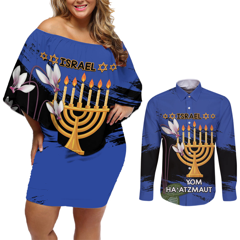 Personalised Israel Independence Day Couples Matching Off Shoulder Short Dress and Long Sleeve Button Shirt Menorah With Cyclamen Persicum Grunge - Wonder Print Shop