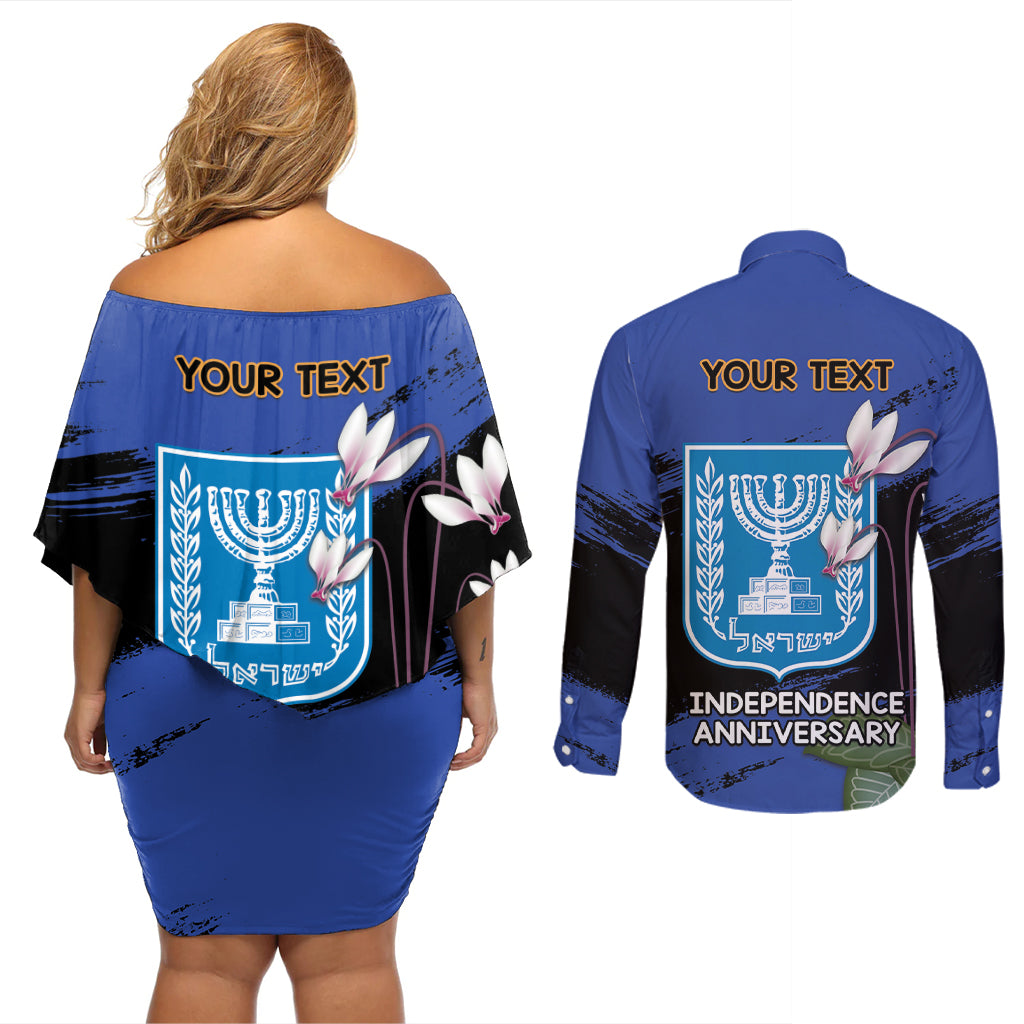 Personalised Israel Independence Day Couples Matching Off Shoulder Short Dress and Long Sleeve Button Shirt Menorah With Cyclamen Persicum Grunge - Wonder Print Shop