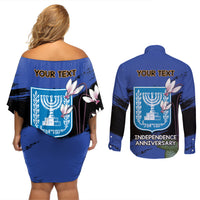 Personalised Israel Independence Day Couples Matching Off Shoulder Short Dress and Long Sleeve Button Shirt Menorah With Cyclamen Persicum Grunge - Wonder Print Shop