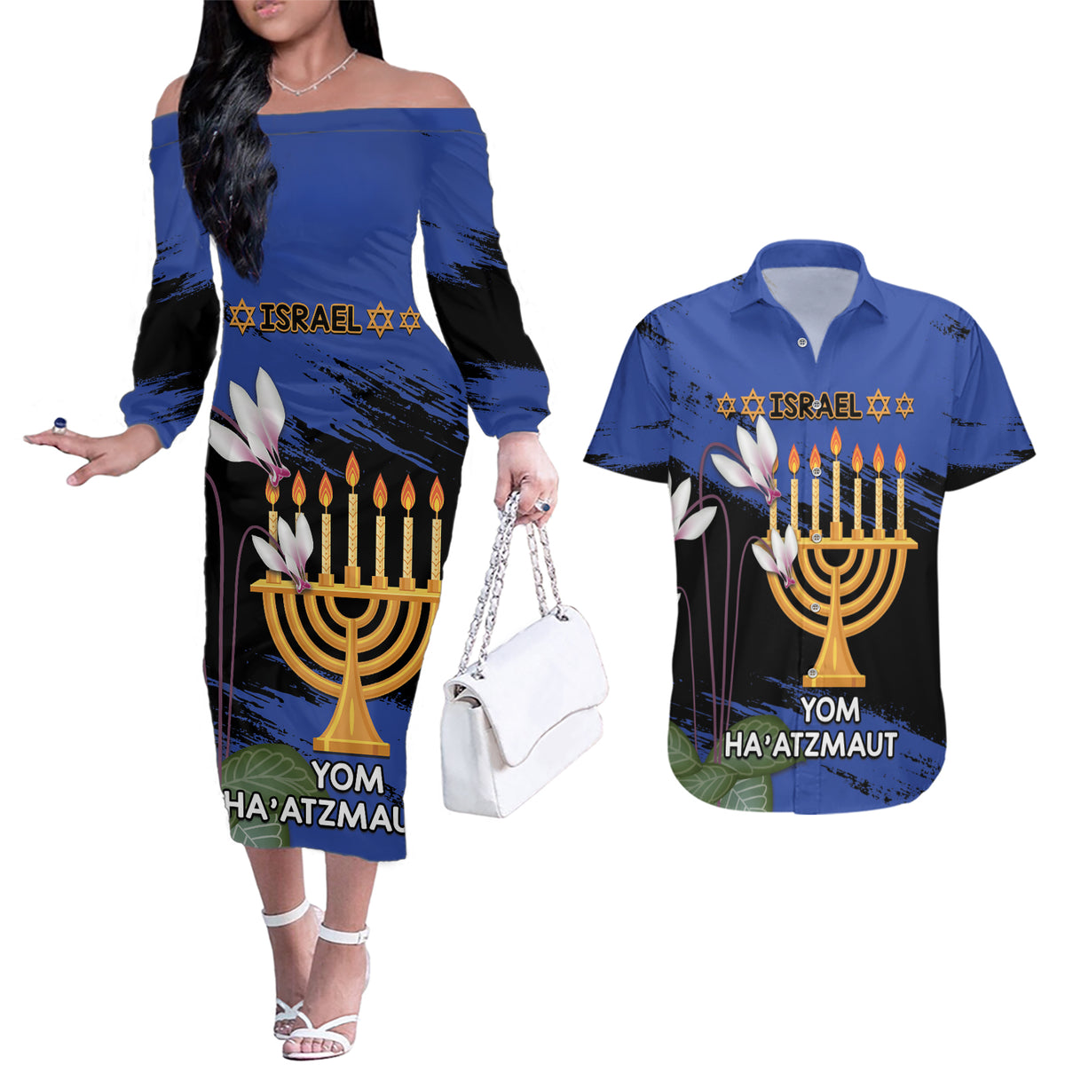 Personalised Israel Independence Day Couples Matching Off The Shoulder Long Sleeve Dress and Hawaiian Shirt Menorah With Cyclamen Persicum Grunge - Wonder Print Shop