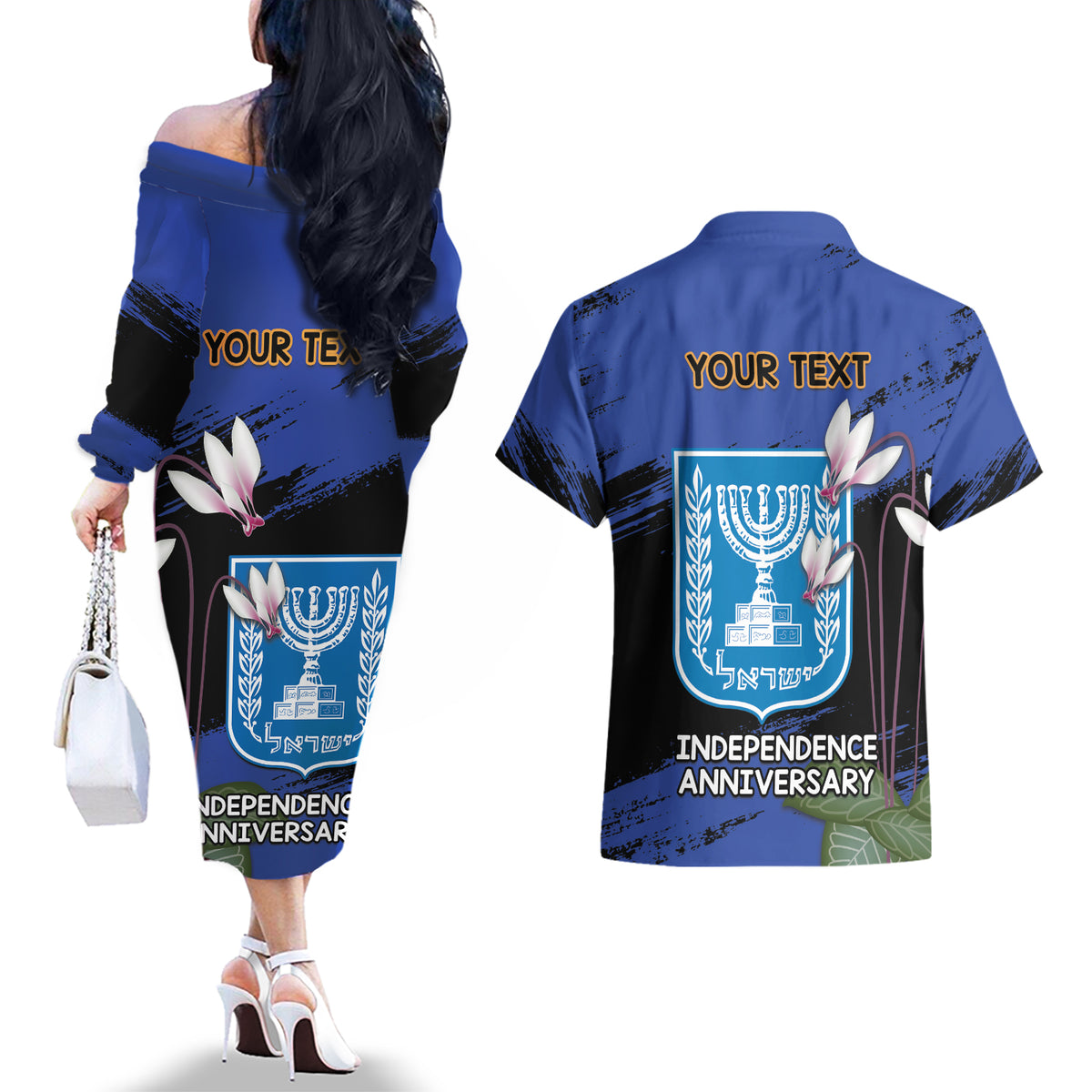 Personalised Israel Independence Day Couples Matching Off The Shoulder Long Sleeve Dress and Hawaiian Shirt Menorah With Cyclamen Persicum Grunge - Wonder Print Shop