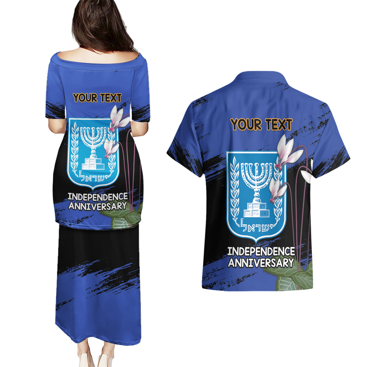 Personalised Israel Independence Day Couples Matching Puletasi and Hawaiian Shirt Menorah With Cyclamen Persicum Grunge - Wonder Print Shop