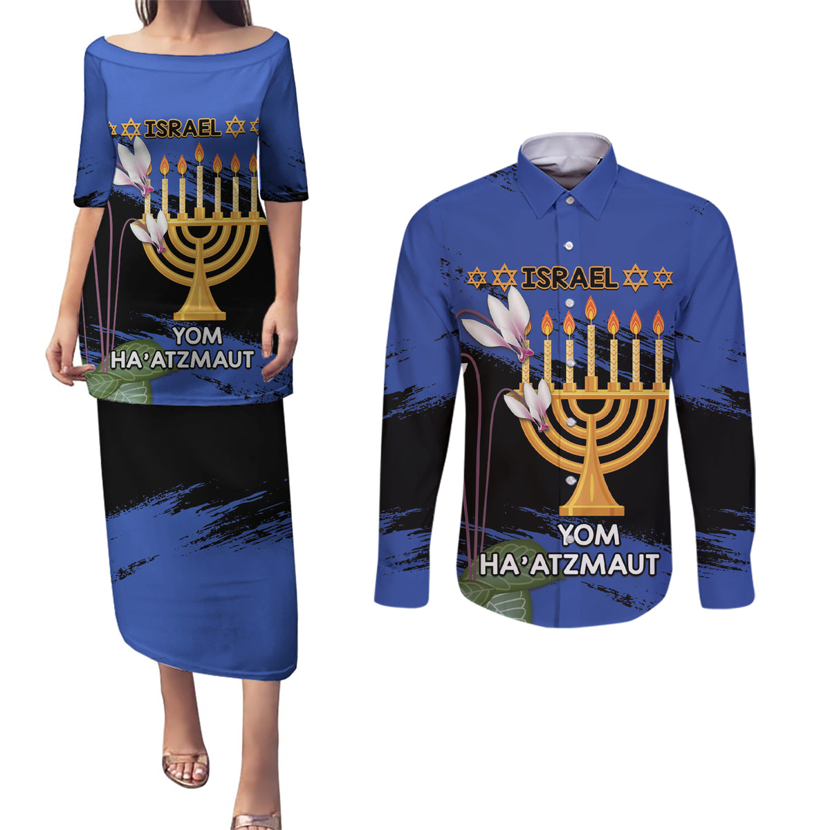 Personalised Israel Independence Day Couples Matching Puletasi and Long Sleeve Button Shirt Menorah With Cyclamen Persicum Grunge - Wonder Print Shop