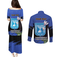 Personalised Israel Independence Day Couples Matching Puletasi and Long Sleeve Button Shirt Menorah With Cyclamen Persicum Grunge - Wonder Print Shop
