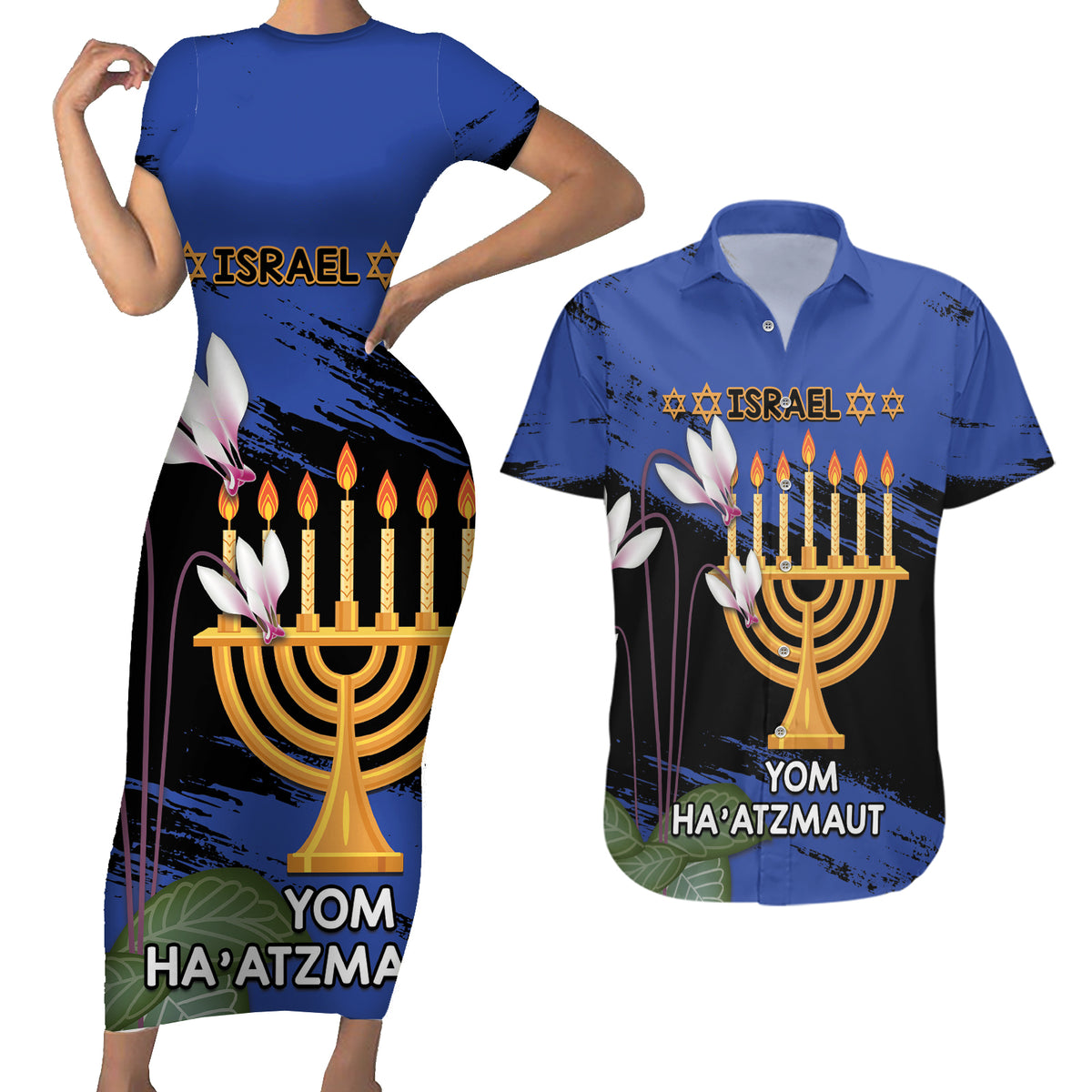 Personalised Israel Independence Day Couples Matching Short Sleeve Bodycon Dress and Hawaiian Shirt Menorah With Cyclamen Persicum Grunge - Wonder Print Shop