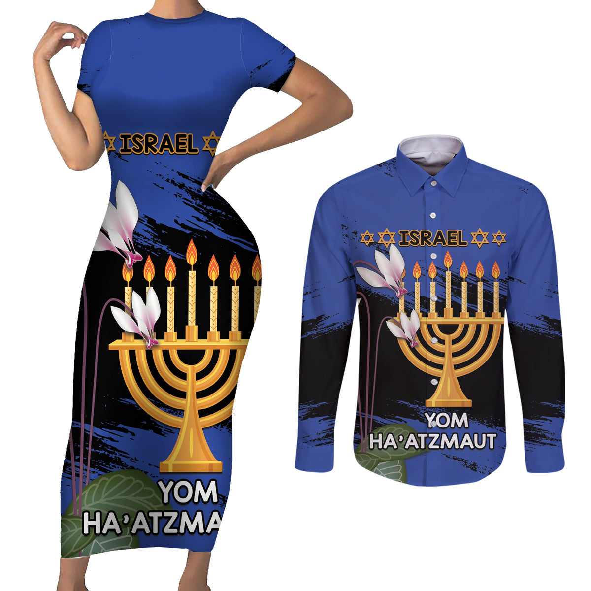 Personalised Israel Independence Day Couples Matching Short Sleeve Bodycon Dress and Long Sleeve Button Shirt Menorah With Cyclamen Persicum Grunge - Wonder Print Shop