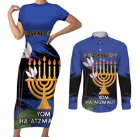 Personalised Israel Independence Day Couples Matching Short Sleeve Bodycon Dress and Long Sleeve Button Shirt Menorah With Cyclamen Persicum Grunge - Wonder Print Shop