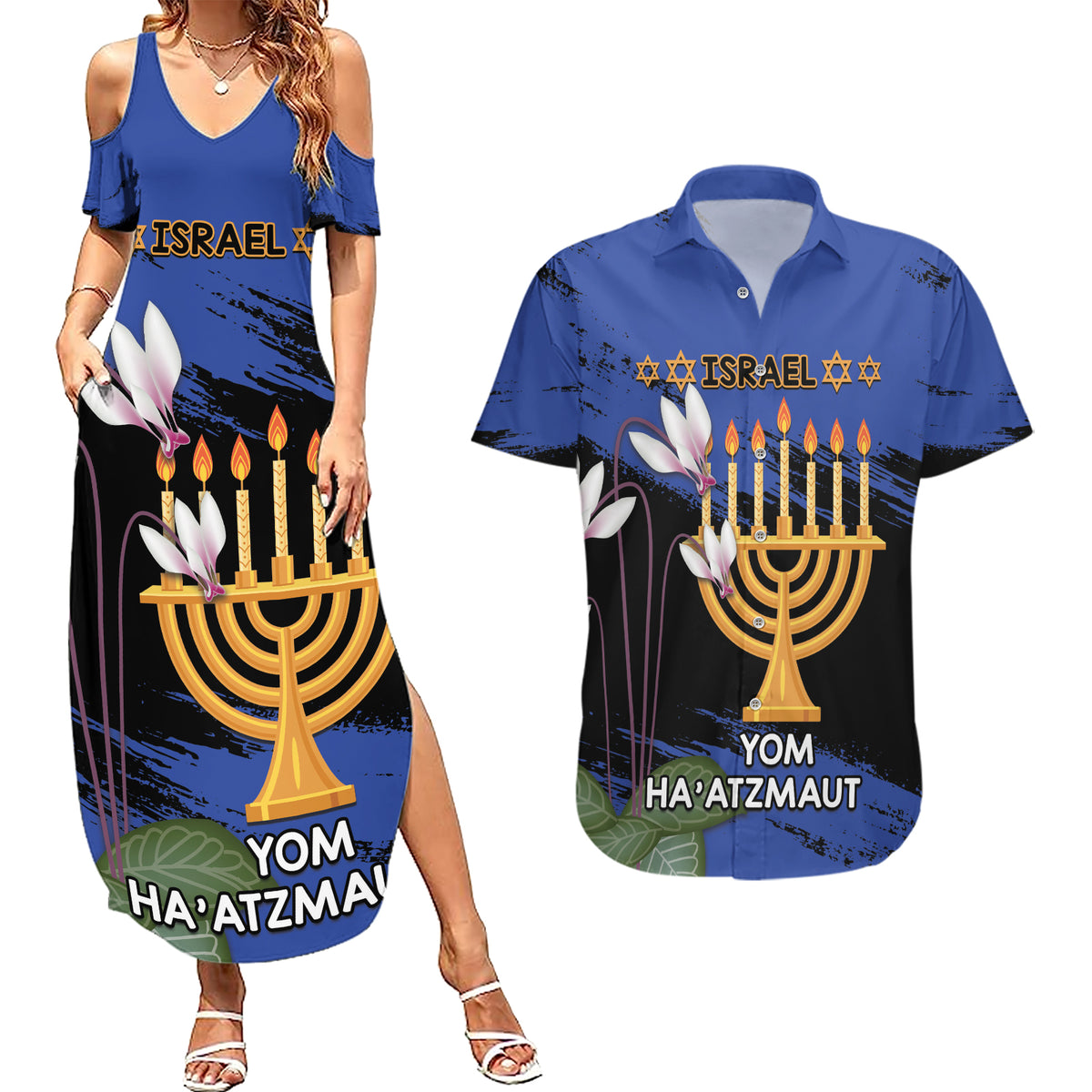 Personalised Israel Independence Day Couples Matching Summer Maxi Dress and Hawaiian Shirt Menorah With Cyclamen Persicum Grunge - Wonder Print Shop