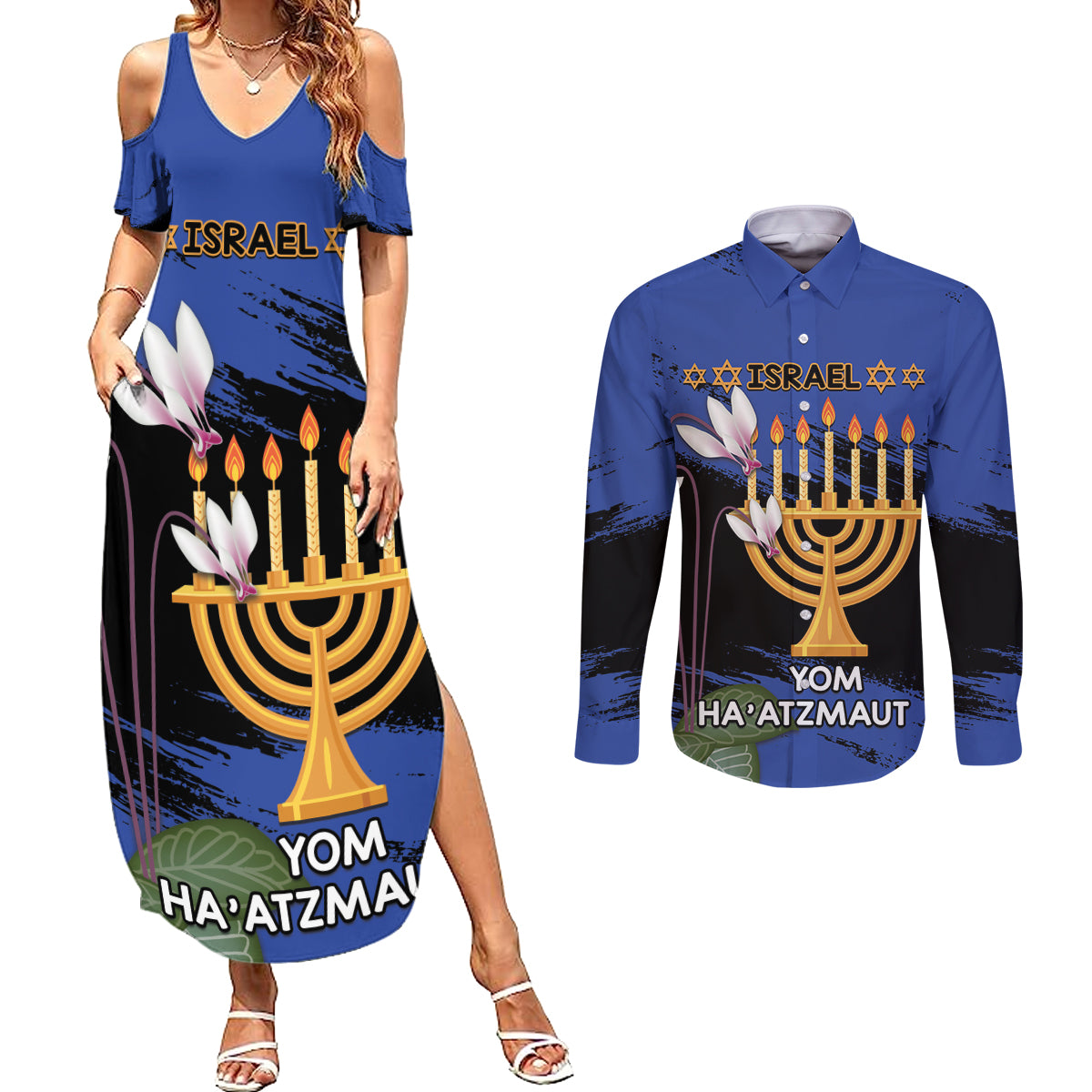 Personalised Israel Independence Day Couples Matching Summer Maxi Dress and Long Sleeve Button Shirt Menorah With Cyclamen Persicum Grunge - Wonder Print Shop