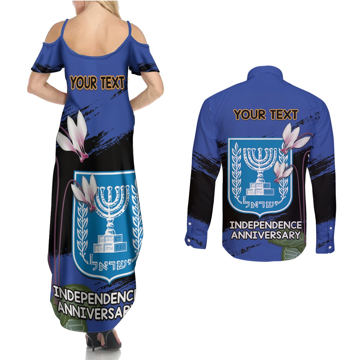 Personalised Israel Independence Day Couples Matching Summer Maxi Dress and Long Sleeve Button Shirt Menorah With Cyclamen Persicum Grunge - Wonder Print Shop