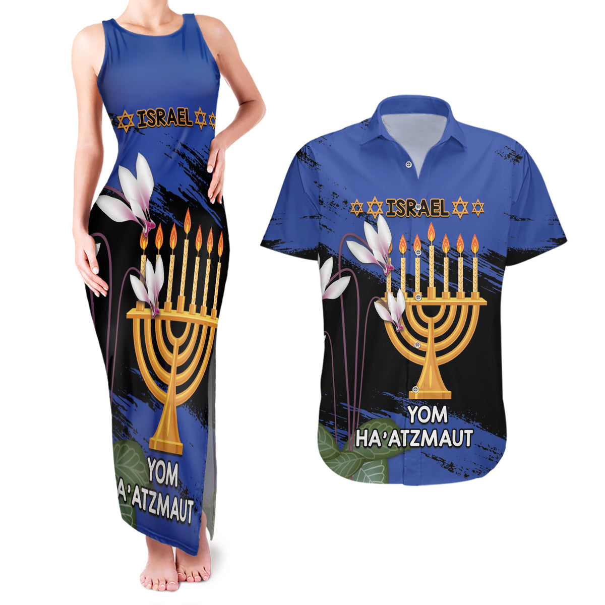 Personalised Israel Independence Day Couples Matching Tank Maxi Dress and Hawaiian Shirt Menorah With Cyclamen Persicum Grunge - Wonder Print Shop