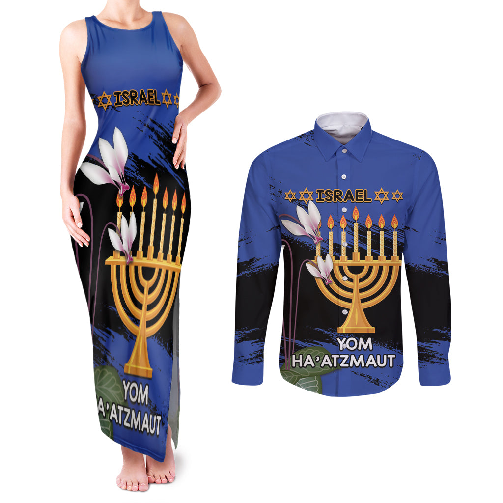 Personalised Israel Independence Day Couples Matching Tank Maxi Dress and Long Sleeve Button Shirt Menorah With Cyclamen Persicum Grunge - Wonder Print Shop
