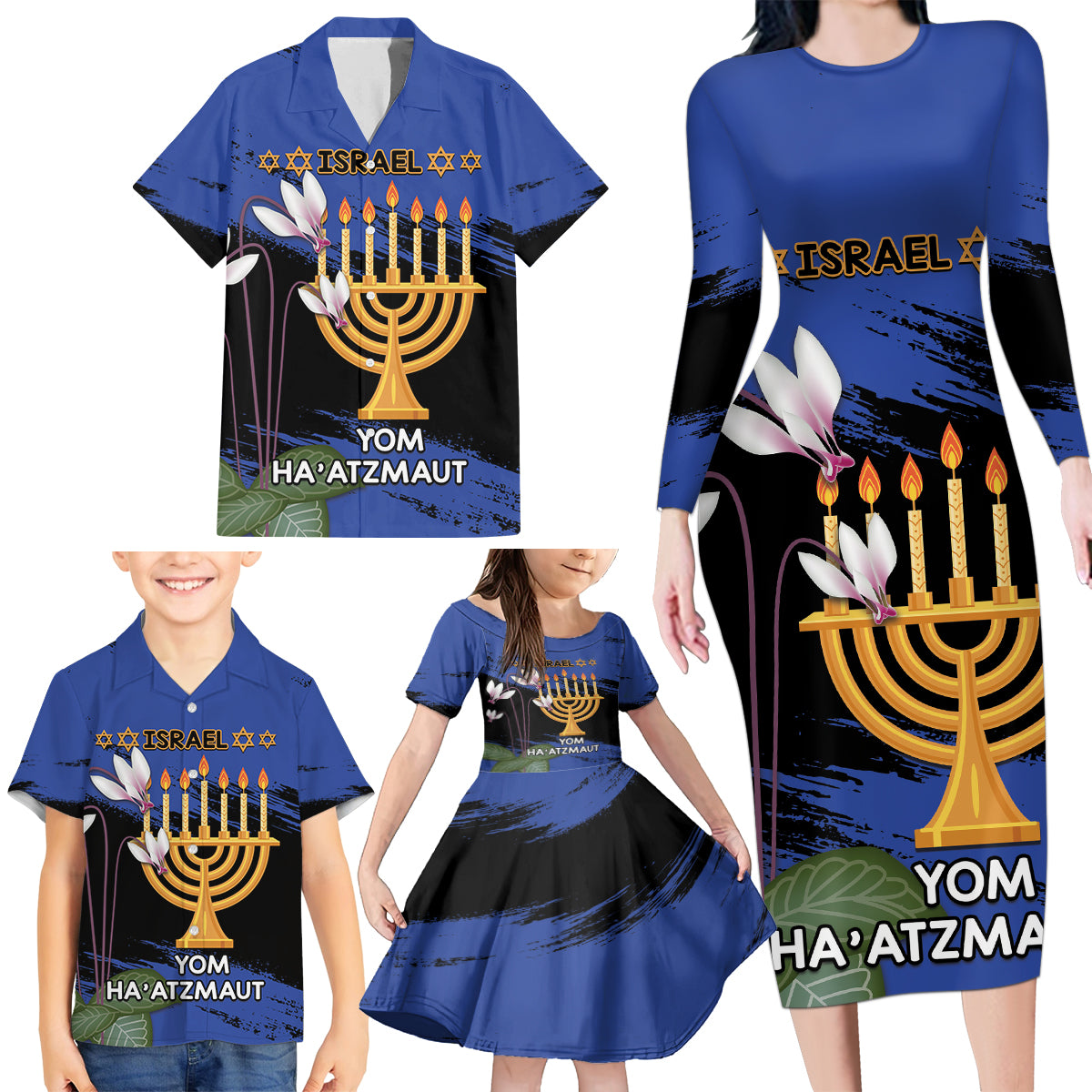 Personalised Israel Independence Day Family Matching Long Sleeve Bodycon Dress and Hawaiian Shirt Menorah With Cyclamen Persicum Grunge