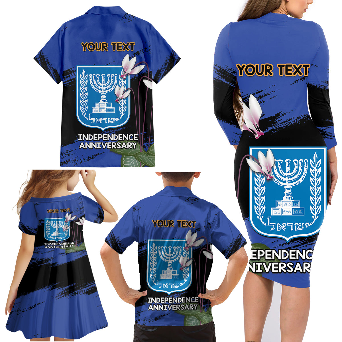 Personalised Israel Independence Day Family Matching Long Sleeve Bodycon Dress and Hawaiian Shirt Menorah With Cyclamen Persicum Grunge - Wonder Print Shop