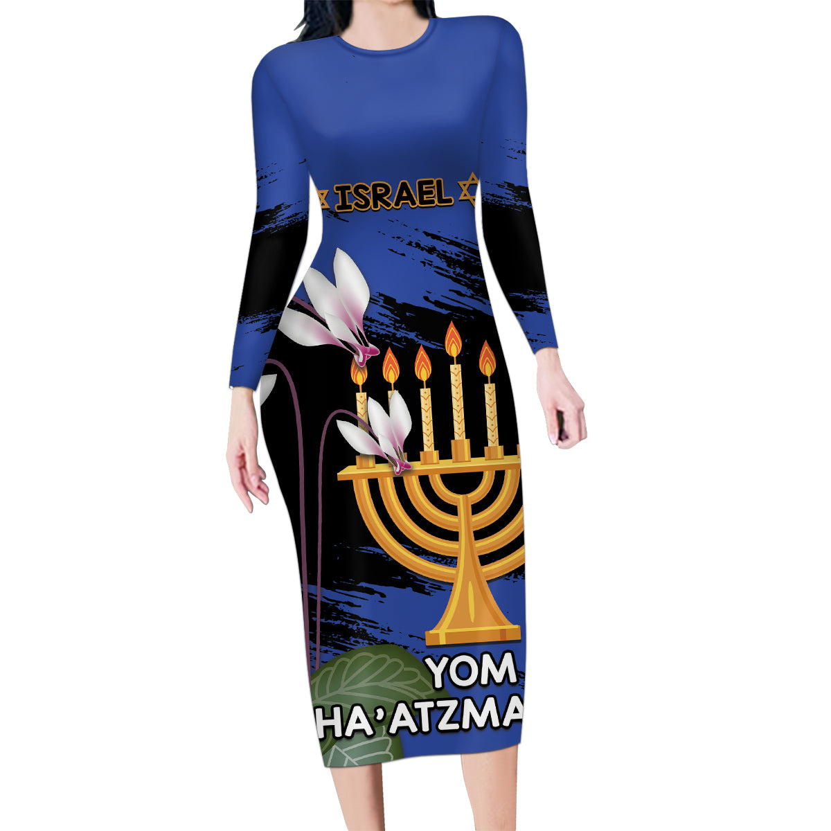 Personalised Israel Independence Day Family Matching Long Sleeve Bodycon Dress and Hawaiian Shirt Menorah With Cyclamen Persicum Grunge - Wonder Print Shop