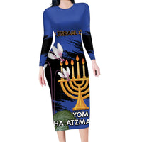 Personalised Israel Independence Day Family Matching Long Sleeve Bodycon Dress and Hawaiian Shirt Menorah With Cyclamen Persicum Grunge - Wonder Print Shop