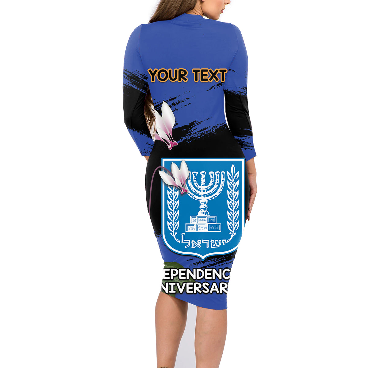 Personalised Israel Independence Day Family Matching Long Sleeve Bodycon Dress and Hawaiian Shirt Menorah With Cyclamen Persicum Grunge - Wonder Print Shop