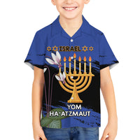 Personalised Israel Independence Day Family Matching Long Sleeve Bodycon Dress and Hawaiian Shirt Menorah With Cyclamen Persicum Grunge - Wonder Print Shop