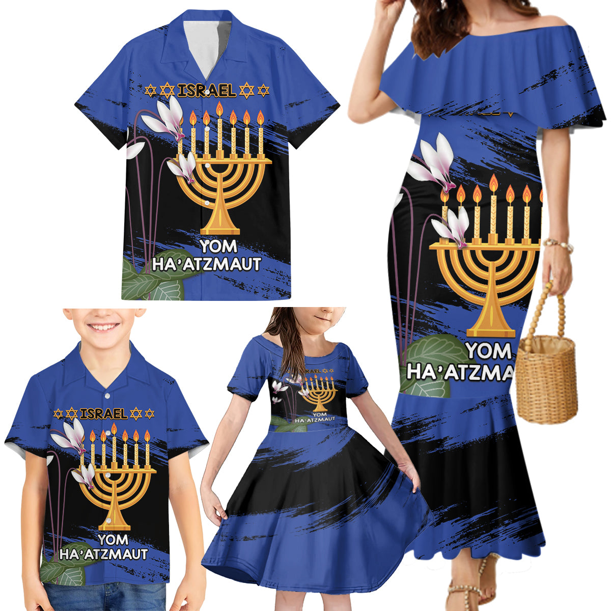 Personalised Israel Independence Day Family Matching Mermaid Dress and Hawaiian Shirt Menorah With Cyclamen Persicum Grunge