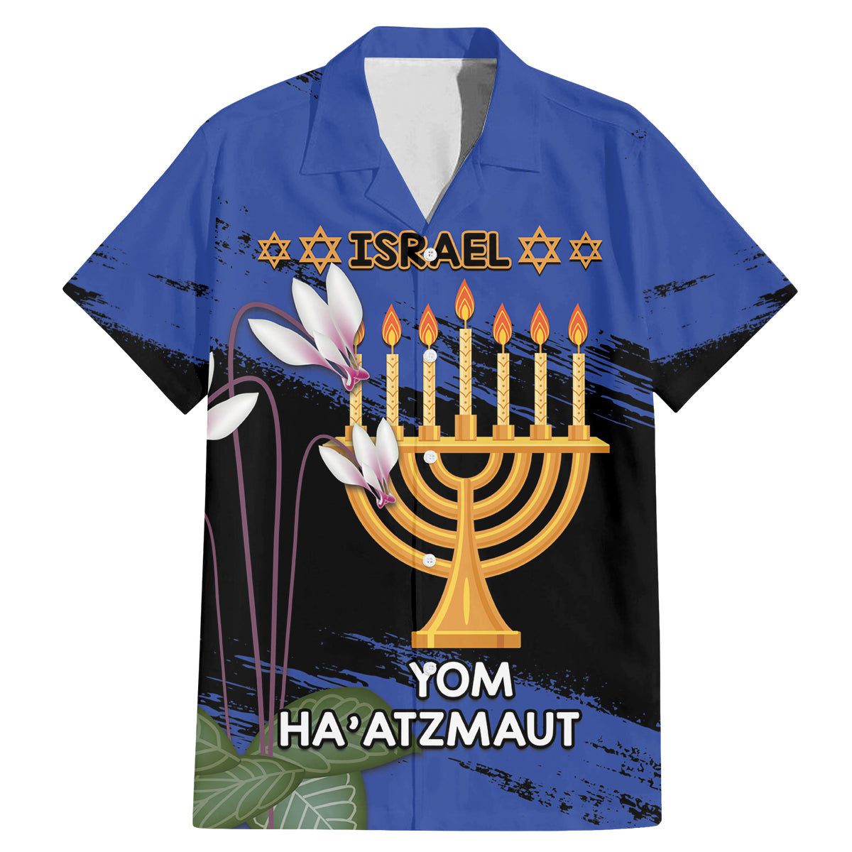 Personalised Israel Independence Day Family Matching Mermaid Dress and Hawaiian Shirt Menorah With Cyclamen Persicum Grunge - Wonder Print Shop