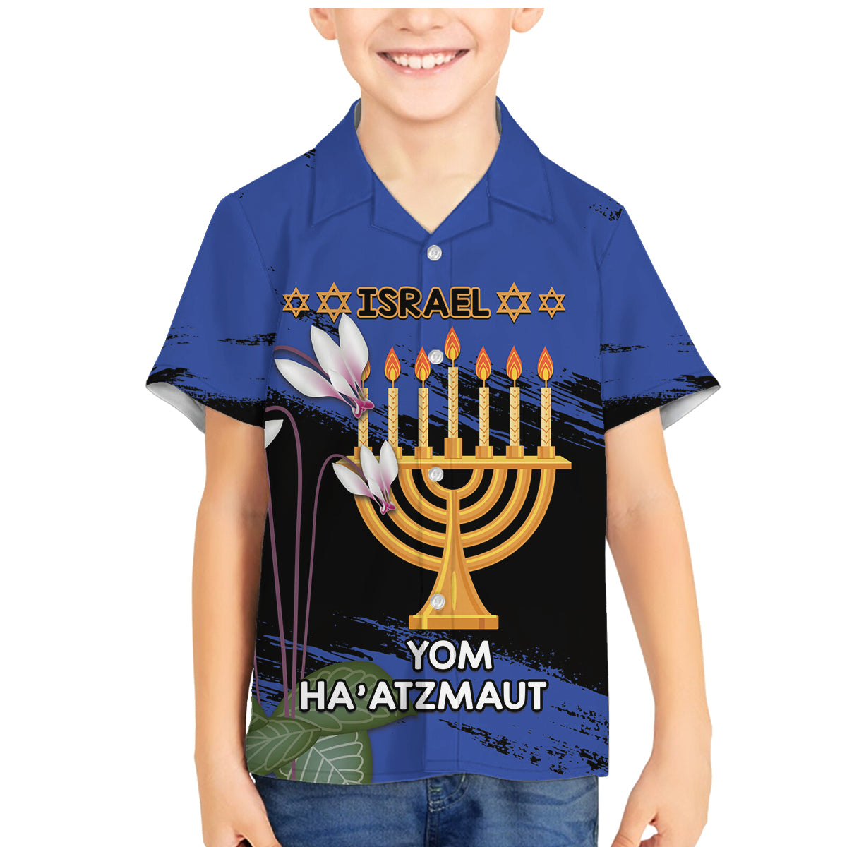 Personalised Israel Independence Day Family Matching Mermaid Dress and Hawaiian Shirt Menorah With Cyclamen Persicum Grunge - Wonder Print Shop