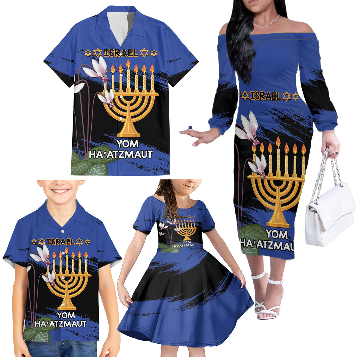 Personalised Israel Independence Day Family Matching Off The Shoulder Long Sleeve Dress and Hawaiian Shirt Menorah With Cyclamen Persicum Grunge