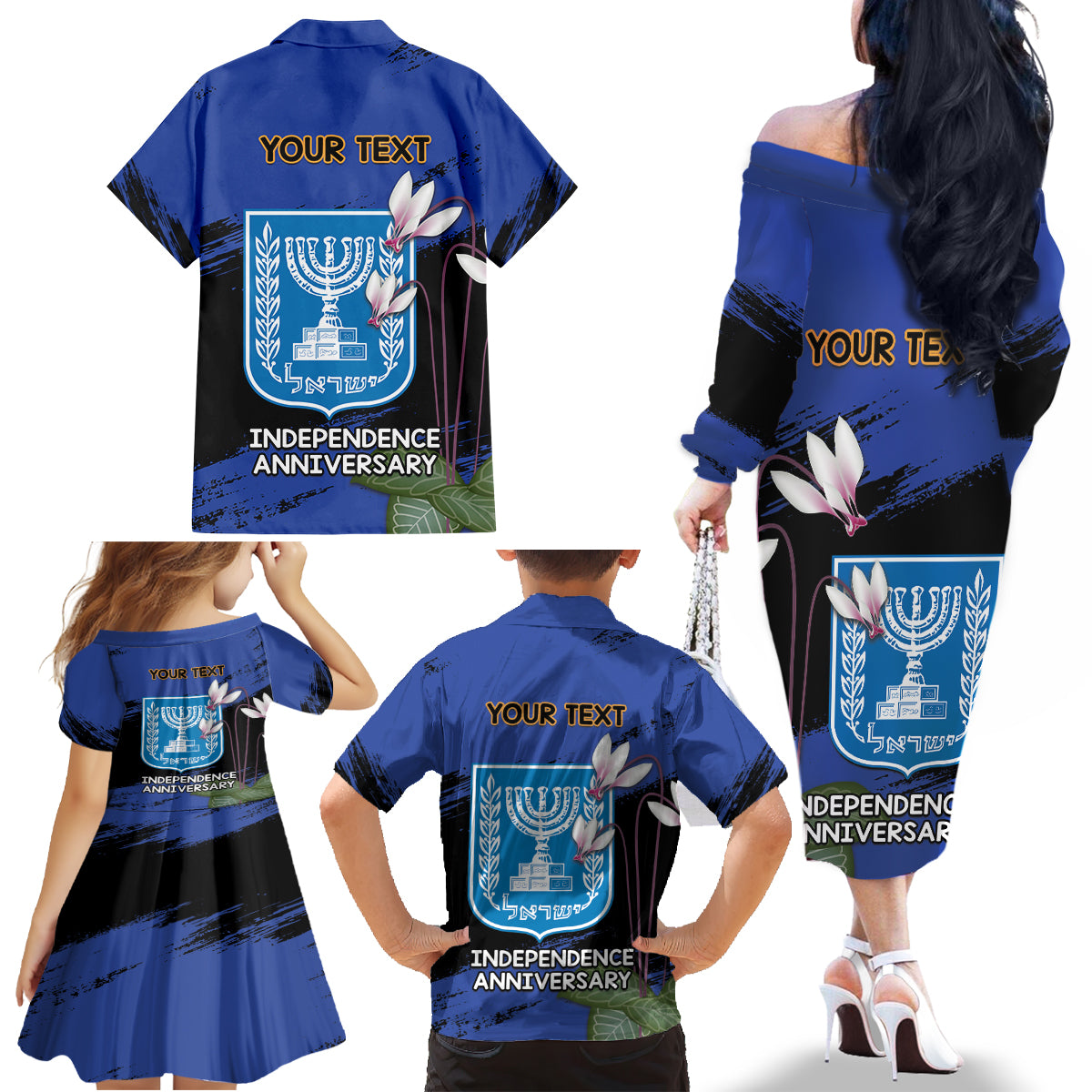 Personalised Israel Independence Day Family Matching Off The Shoulder Long Sleeve Dress and Hawaiian Shirt Menorah With Cyclamen Persicum Grunge - Wonder Print Shop