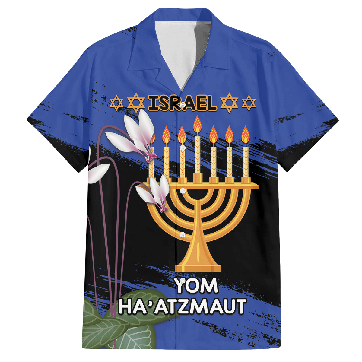 Personalised Israel Independence Day Family Matching Off The Shoulder Long Sleeve Dress and Hawaiian Shirt Menorah With Cyclamen Persicum Grunge - Wonder Print Shop