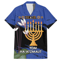 Personalised Israel Independence Day Family Matching Off The Shoulder Long Sleeve Dress and Hawaiian Shirt Menorah With Cyclamen Persicum Grunge - Wonder Print Shop