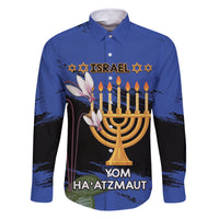Personalised Israel Independence Day Family Matching Off The Shoulder Long Sleeve Dress and Hawaiian Shirt Menorah With Cyclamen Persicum Grunge - Wonder Print Shop