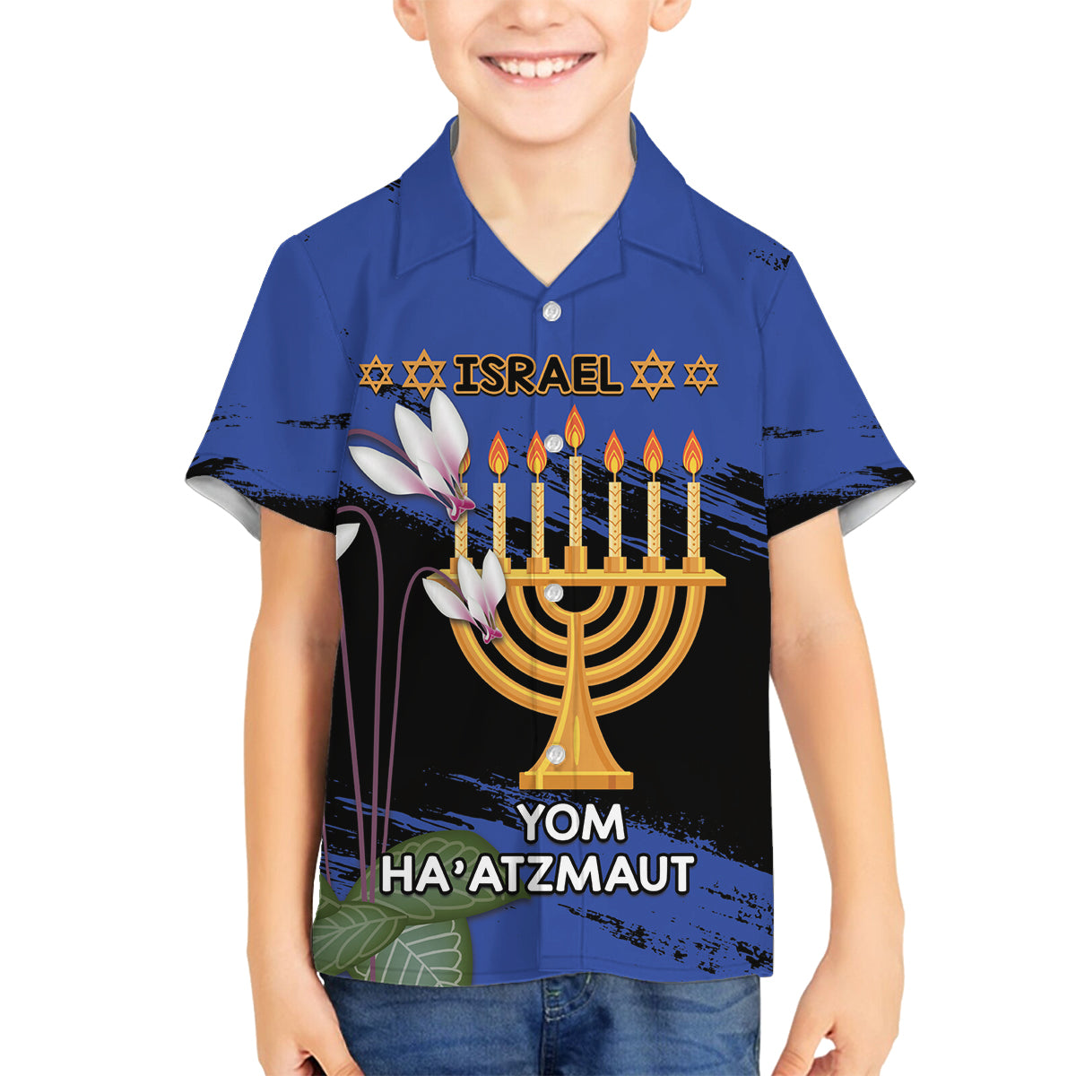 Personalised Israel Independence Day Family Matching Off The Shoulder Long Sleeve Dress and Hawaiian Shirt Menorah With Cyclamen Persicum Grunge - Wonder Print Shop