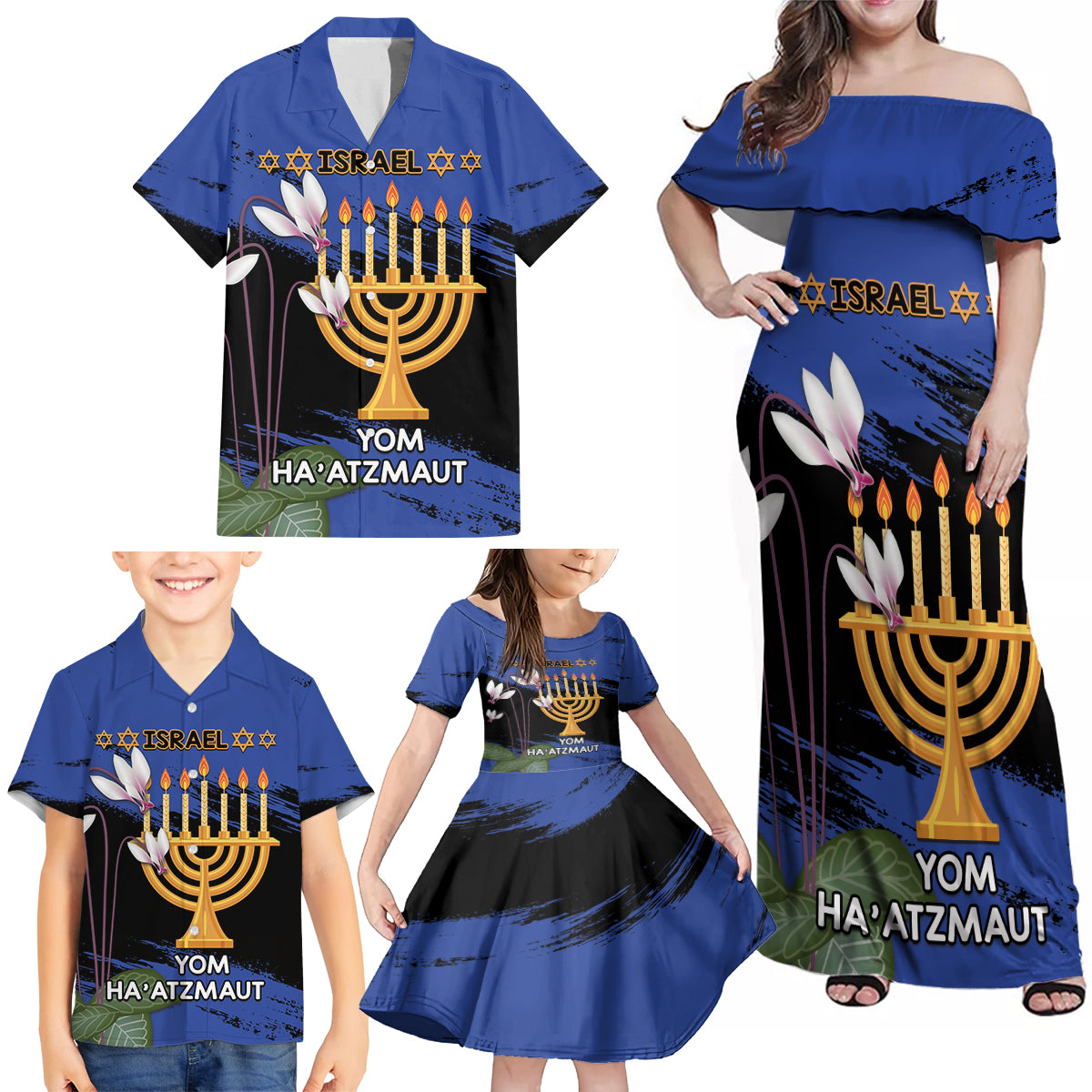 Personalised Israel Independence Day Family Matching Off Shoulder Maxi Dress and Hawaiian Shirt Menorah With Cyclamen Persicum Grunge - Wonder Print Shop