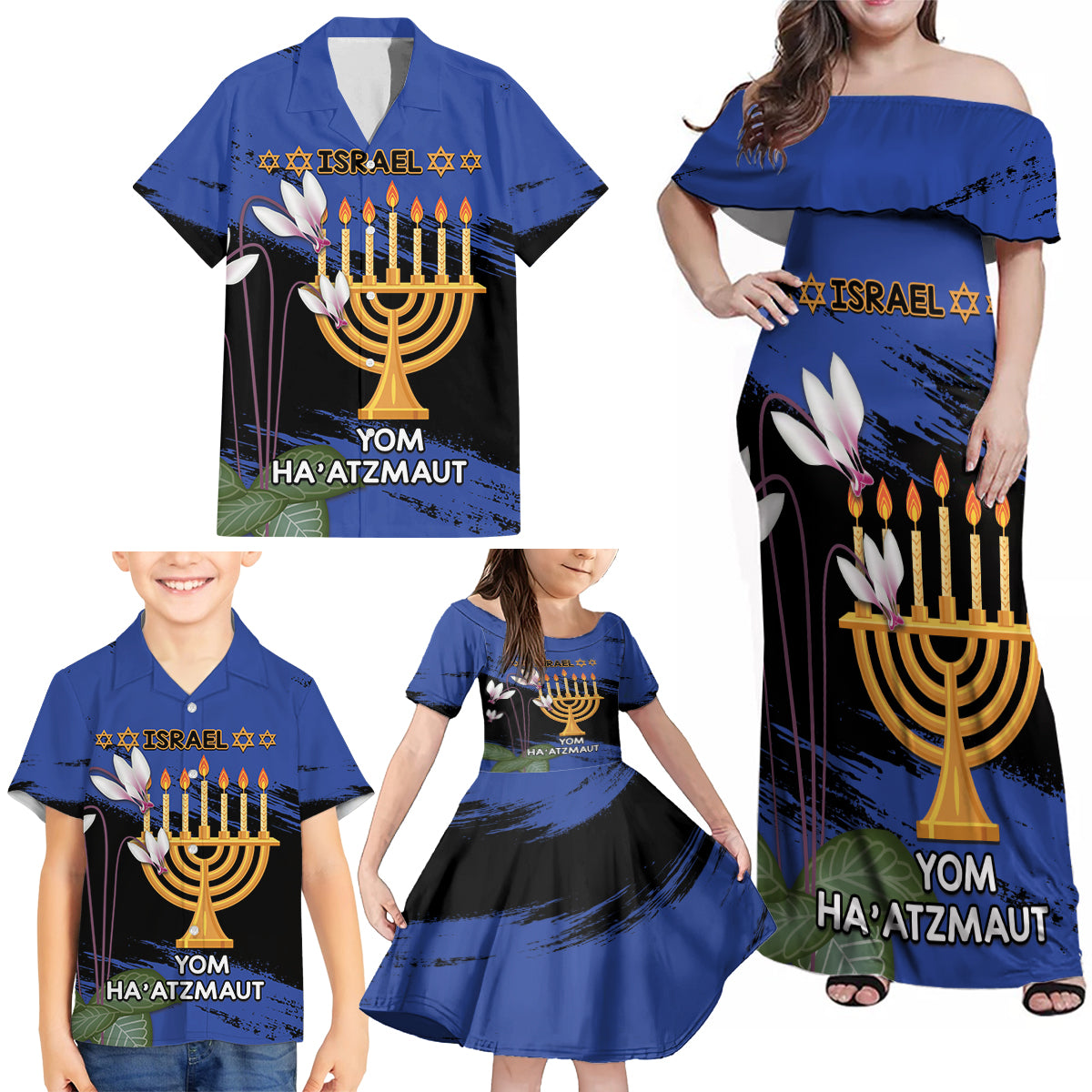 Personalised Israel Independence Day Family Matching Off Shoulder Maxi Dress and Hawaiian Shirt Menorah With Cyclamen Persicum Grunge