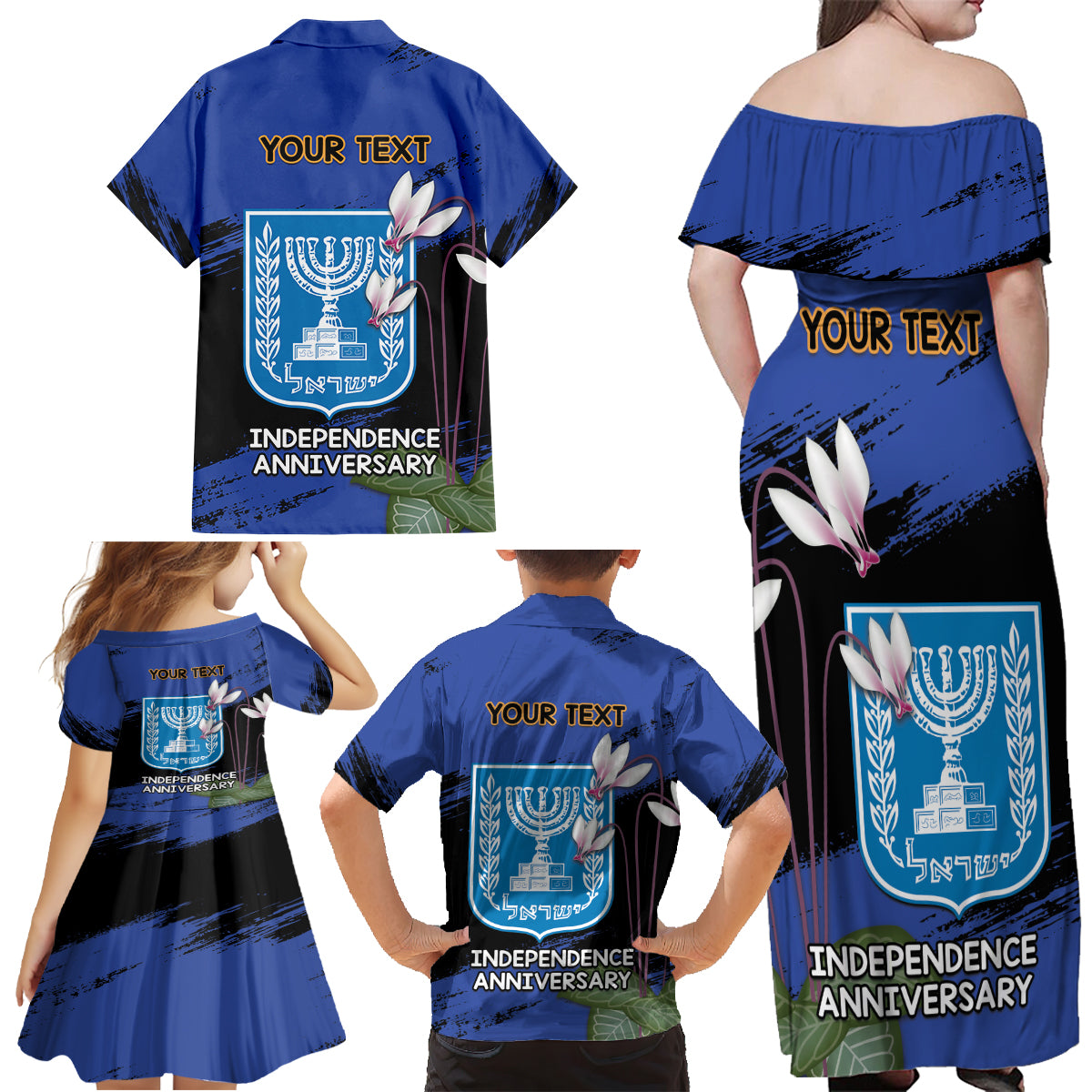 Personalised Israel Independence Day Family Matching Off Shoulder Maxi Dress and Hawaiian Shirt Menorah With Cyclamen Persicum Grunge - Wonder Print Shop