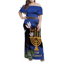Personalised Israel Independence Day Family Matching Off Shoulder Maxi Dress and Hawaiian Shirt Menorah With Cyclamen Persicum Grunge - Wonder Print Shop