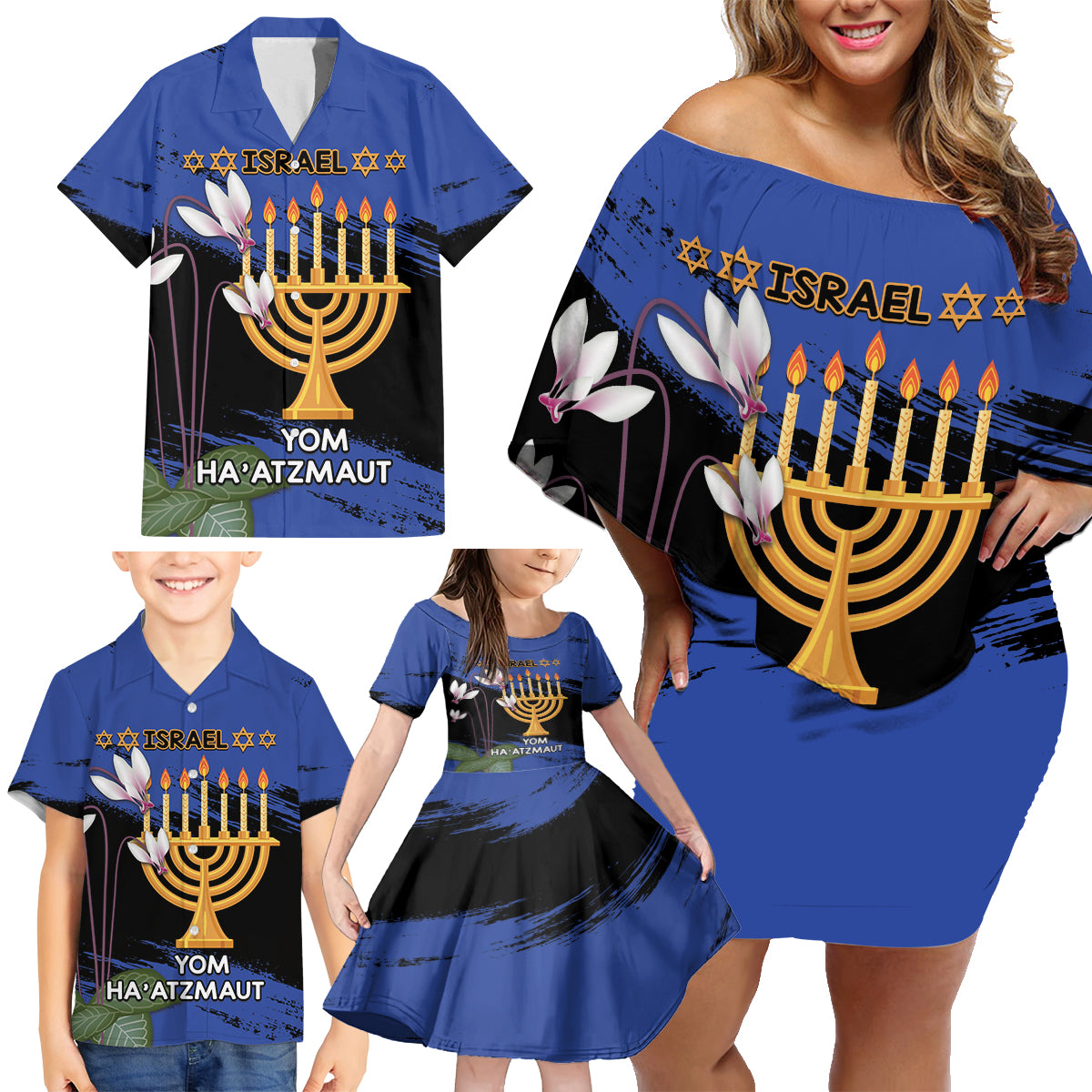 Personalised Israel Independence Day Family Matching Off Shoulder Short Dress and Hawaiian Shirt Menorah With Cyclamen Persicum Grunge