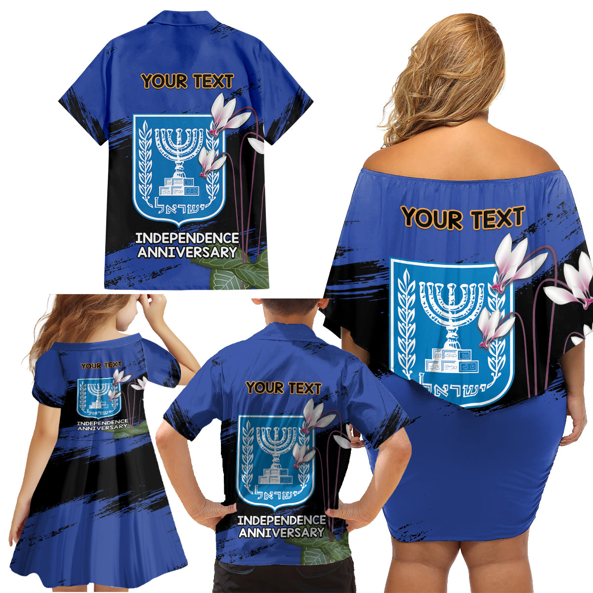 Personalised Israel Independence Day Family Matching Off Shoulder Short Dress and Hawaiian Shirt Menorah With Cyclamen Persicum Grunge - Wonder Print Shop