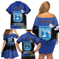 Personalised Israel Independence Day Family Matching Off Shoulder Short Dress and Hawaiian Shirt Menorah With Cyclamen Persicum Grunge - Wonder Print Shop