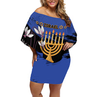 Personalised Israel Independence Day Family Matching Off Shoulder Short Dress and Hawaiian Shirt Menorah With Cyclamen Persicum Grunge - Wonder Print Shop