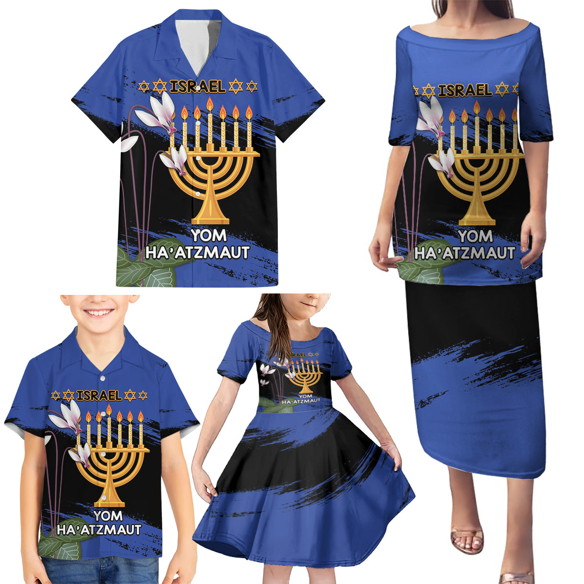 Personalised Israel Independence Day Family Matching Puletasi and Hawaiian Shirt Menorah With Cyclamen Persicum Grunge