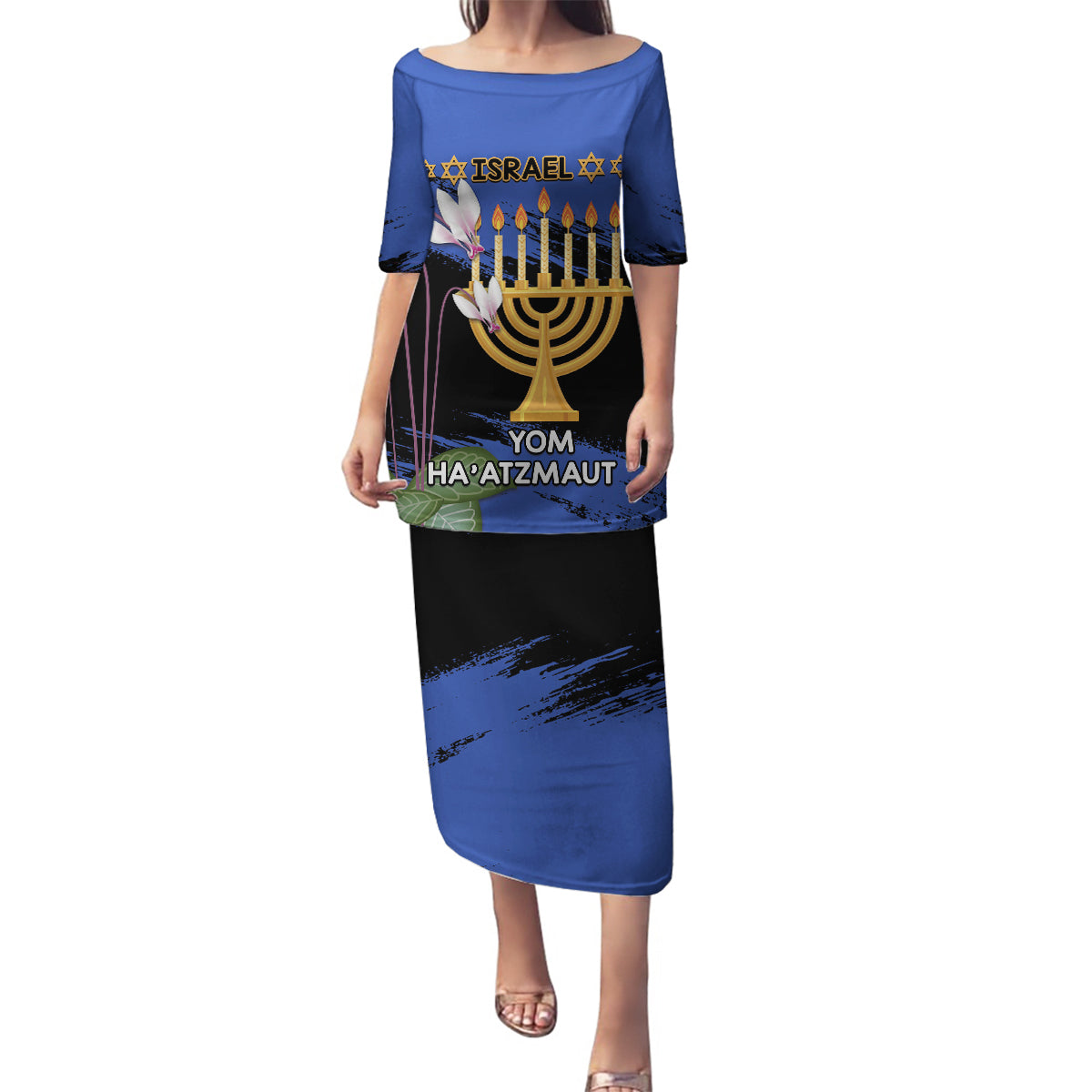 Personalised Israel Independence Day Family Matching Puletasi and Hawaiian Shirt Menorah With Cyclamen Persicum Grunge - Wonder Print Shop
