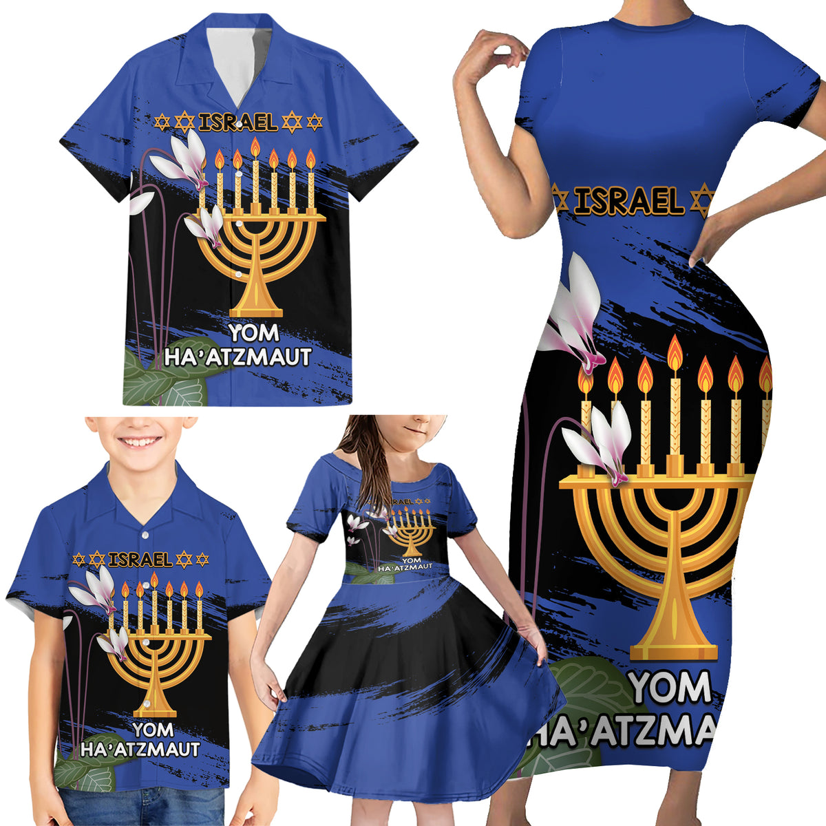 Personalised Israel Independence Day Family Matching Short Sleeve Bodycon Dress and Hawaiian Shirt Menorah With Cyclamen Persicum Grunge - Wonder Print Shop