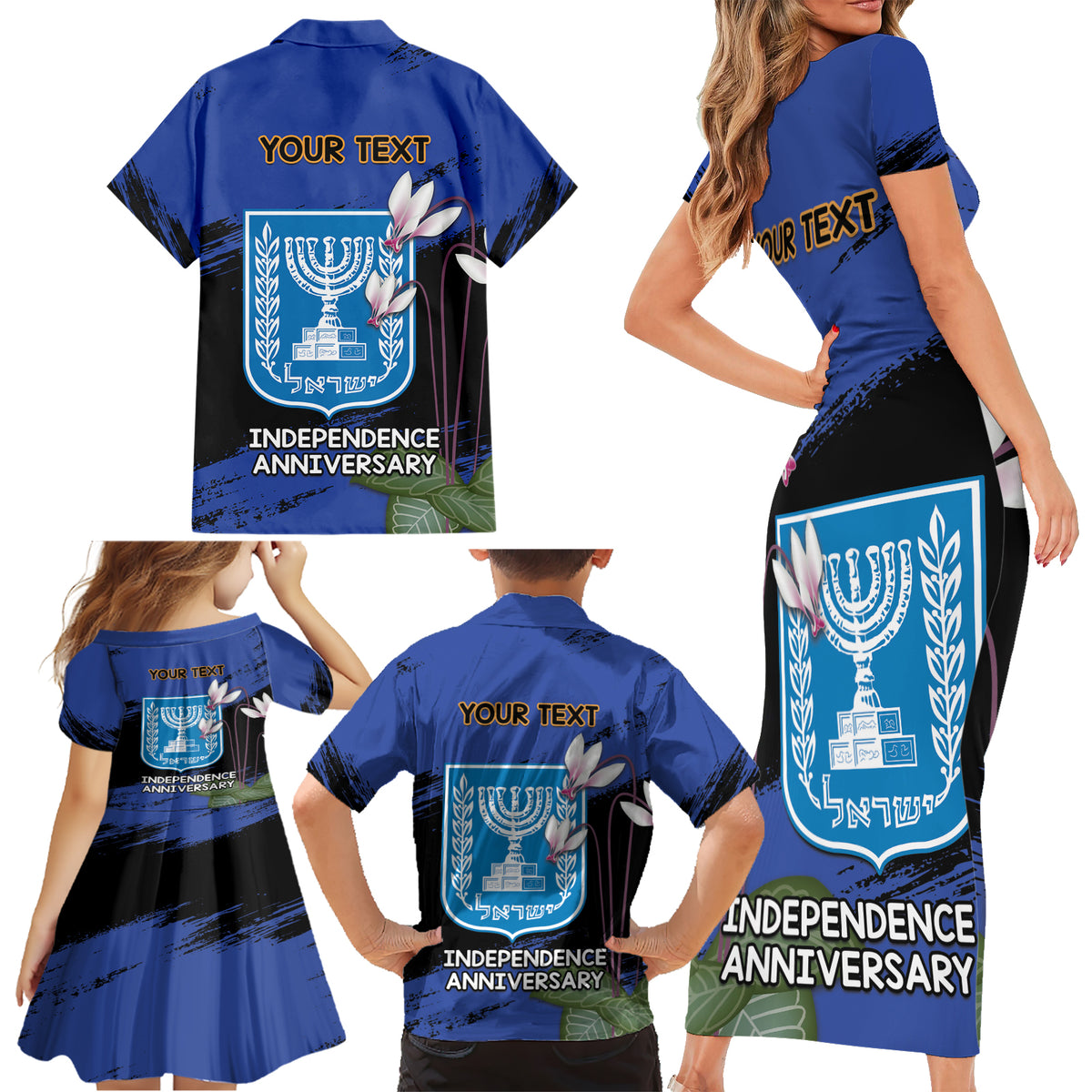 Personalised Israel Independence Day Family Matching Short Sleeve Bodycon Dress and Hawaiian Shirt Menorah With Cyclamen Persicum Grunge - Wonder Print Shop