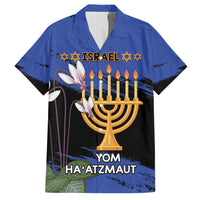 Personalised Israel Independence Day Family Matching Short Sleeve Bodycon Dress and Hawaiian Shirt Menorah With Cyclamen Persicum Grunge - Wonder Print Shop