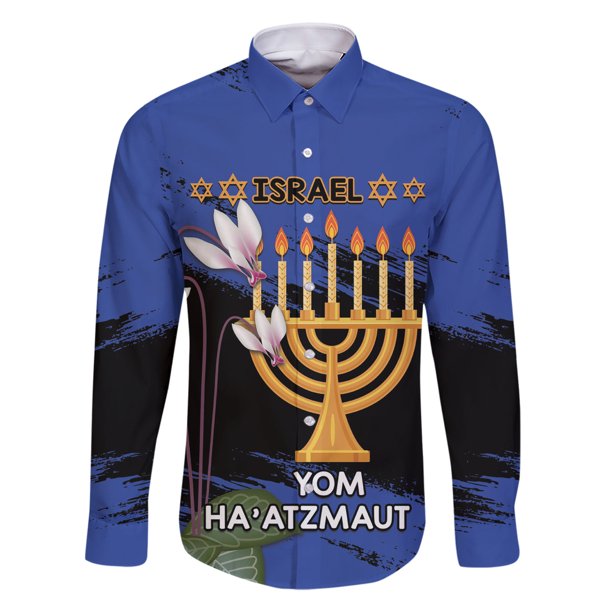 Personalised Israel Independence Day Family Matching Short Sleeve Bodycon Dress and Hawaiian Shirt Menorah With Cyclamen Persicum Grunge - Wonder Print Shop