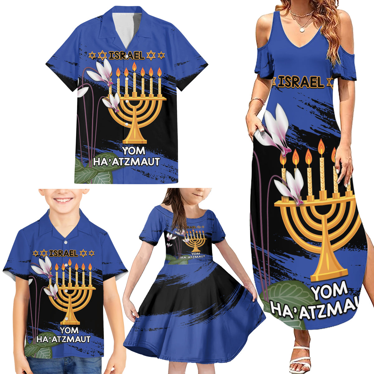 Personalised Israel Independence Day Family Matching Summer Maxi Dress and Hawaiian Shirt Menorah With Cyclamen Persicum Grunge