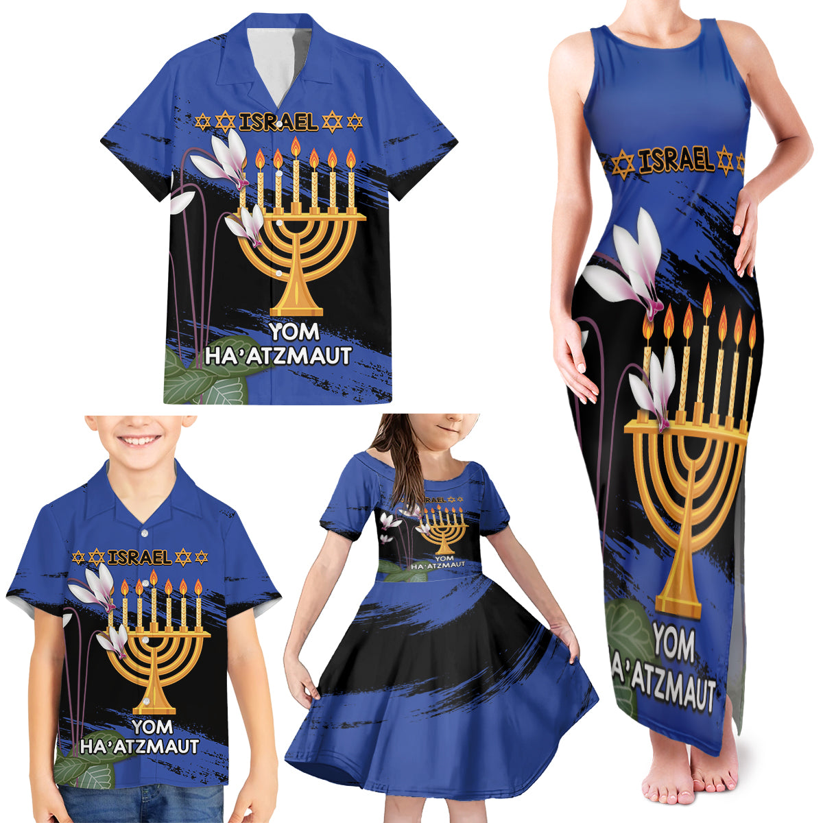 Personalised Israel Independence Day Family Matching Tank Maxi Dress and Hawaiian Shirt Menorah With Cyclamen Persicum Grunge