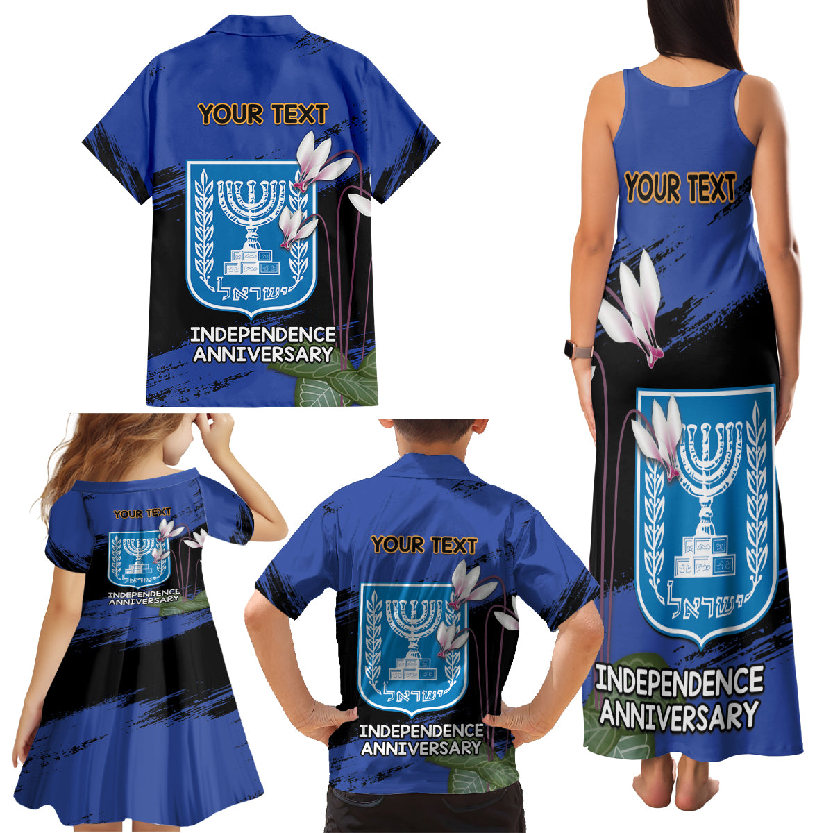 Personalised Israel Independence Day Family Matching Tank Maxi Dress and Hawaiian Shirt Menorah With Cyclamen Persicum Grunge - Wonder Print Shop