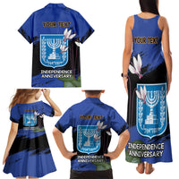 Personalised Israel Independence Day Family Matching Tank Maxi Dress and Hawaiian Shirt Menorah With Cyclamen Persicum Grunge - Wonder Print Shop